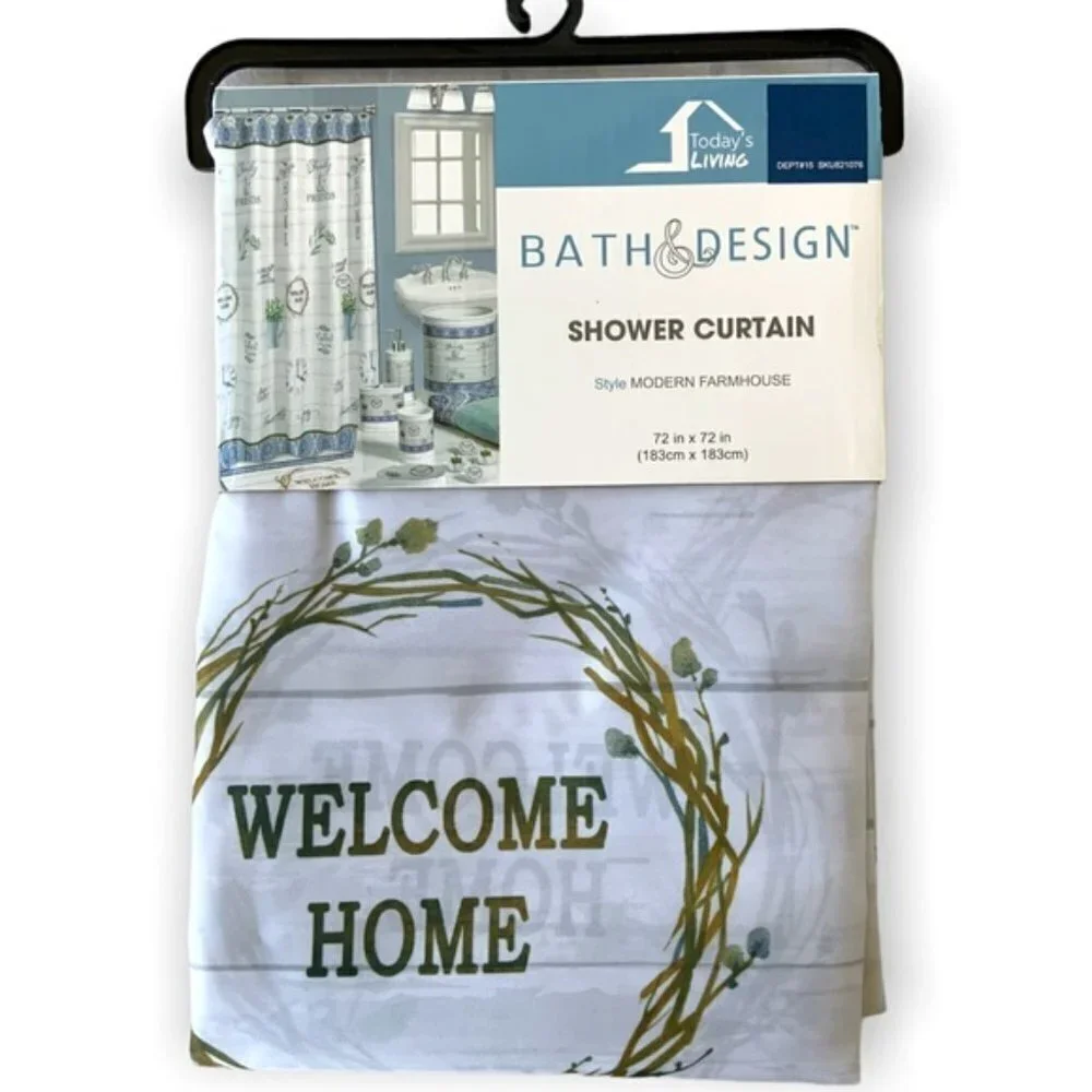 Modern Farmhouse Fabric Shower Curtain White Blue Multicolor 72 in X 72 in